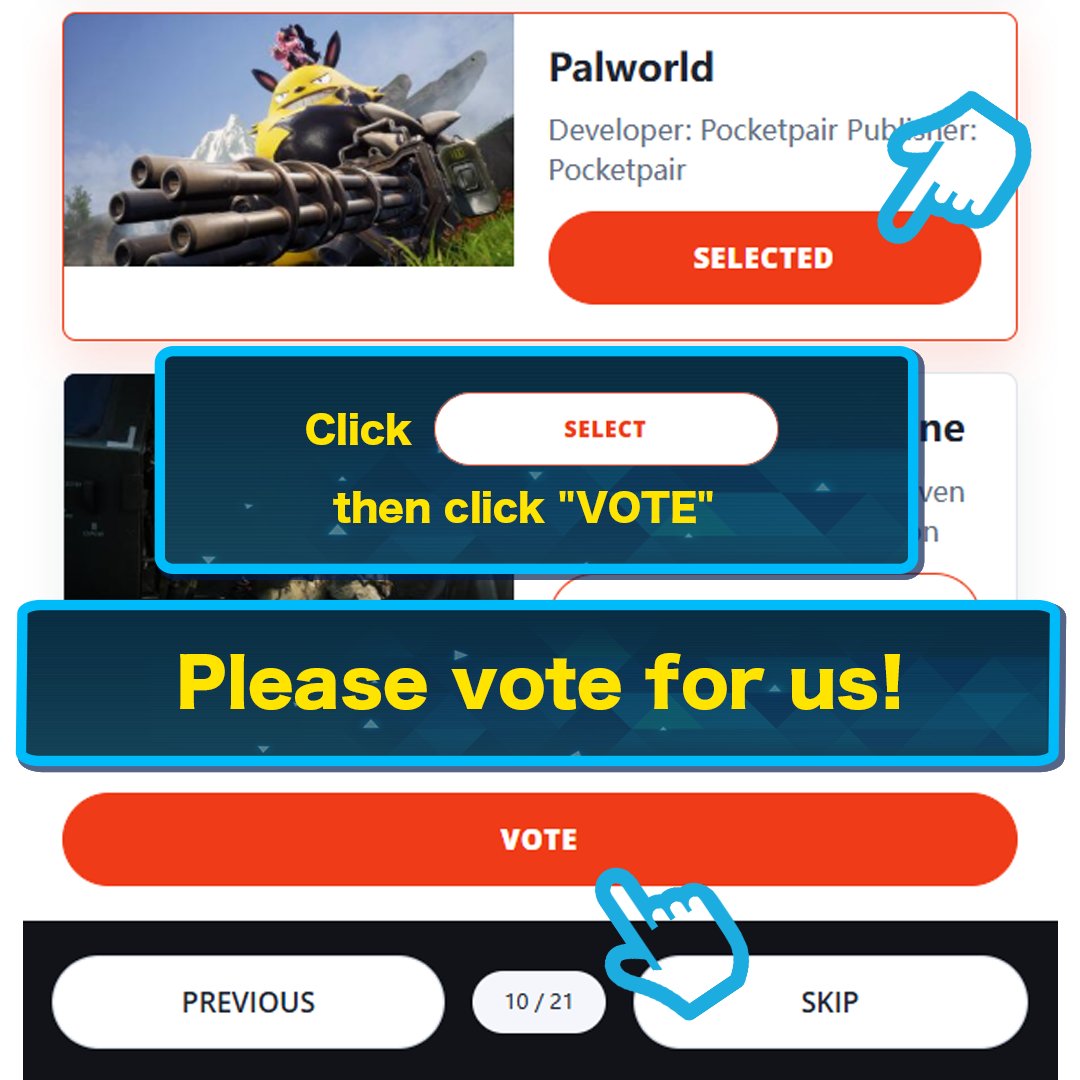 Palworld_EN's tweet photo. Voting for the Golden Joystick Awards 2026 is now open!
Please consider voting for Palworld!

[How to vote]
1. Click "Start Voting" on the voting page (https://t.co/CT5Qu9KfuM)

2. Cast your vote and proceed to page 10 (page 11 on mobile).

3. Under "Still Playing (PC & Console)", vote for Palworld by selecting "SELECT", then click "VOTE"!

4. Once "THANKS FOR VOTING" appears, your vote is complete (Entering your email address or other personal information is not required.)