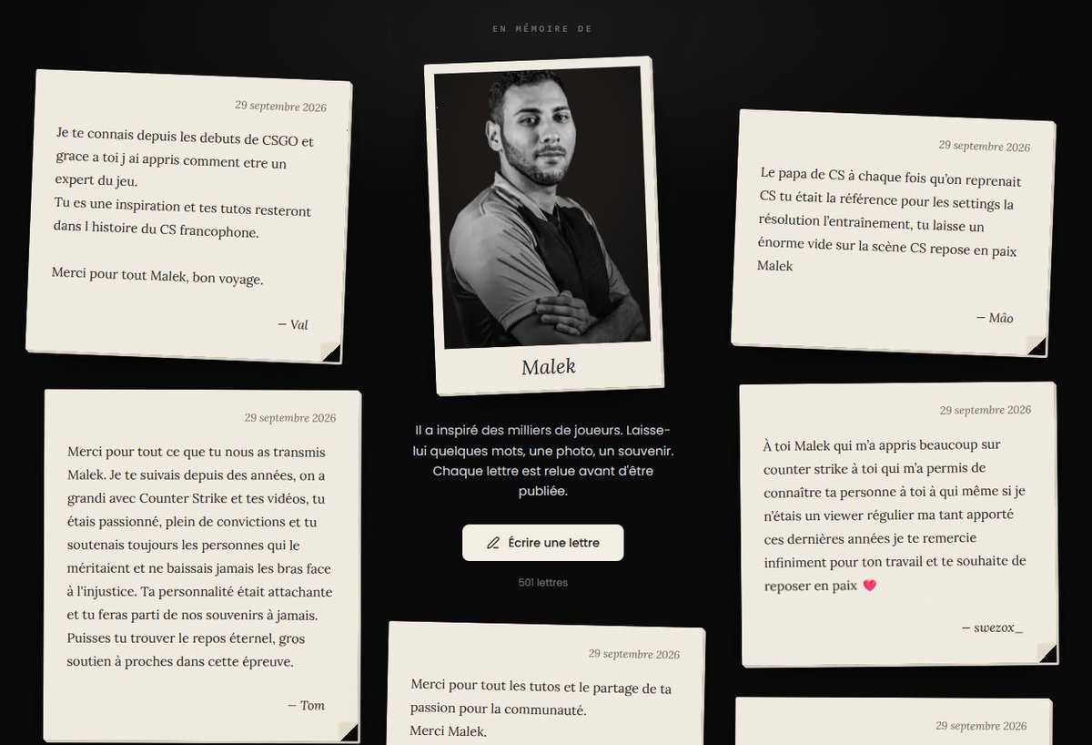 LoTenTicK's tweet photo. Si vous souhaitez laisser un petit mot en la mémoire de Malek, ça ce passe sur son site 🥺

https://t.co/nV6yW9y377 https://t.co/bfo8qCgYcD