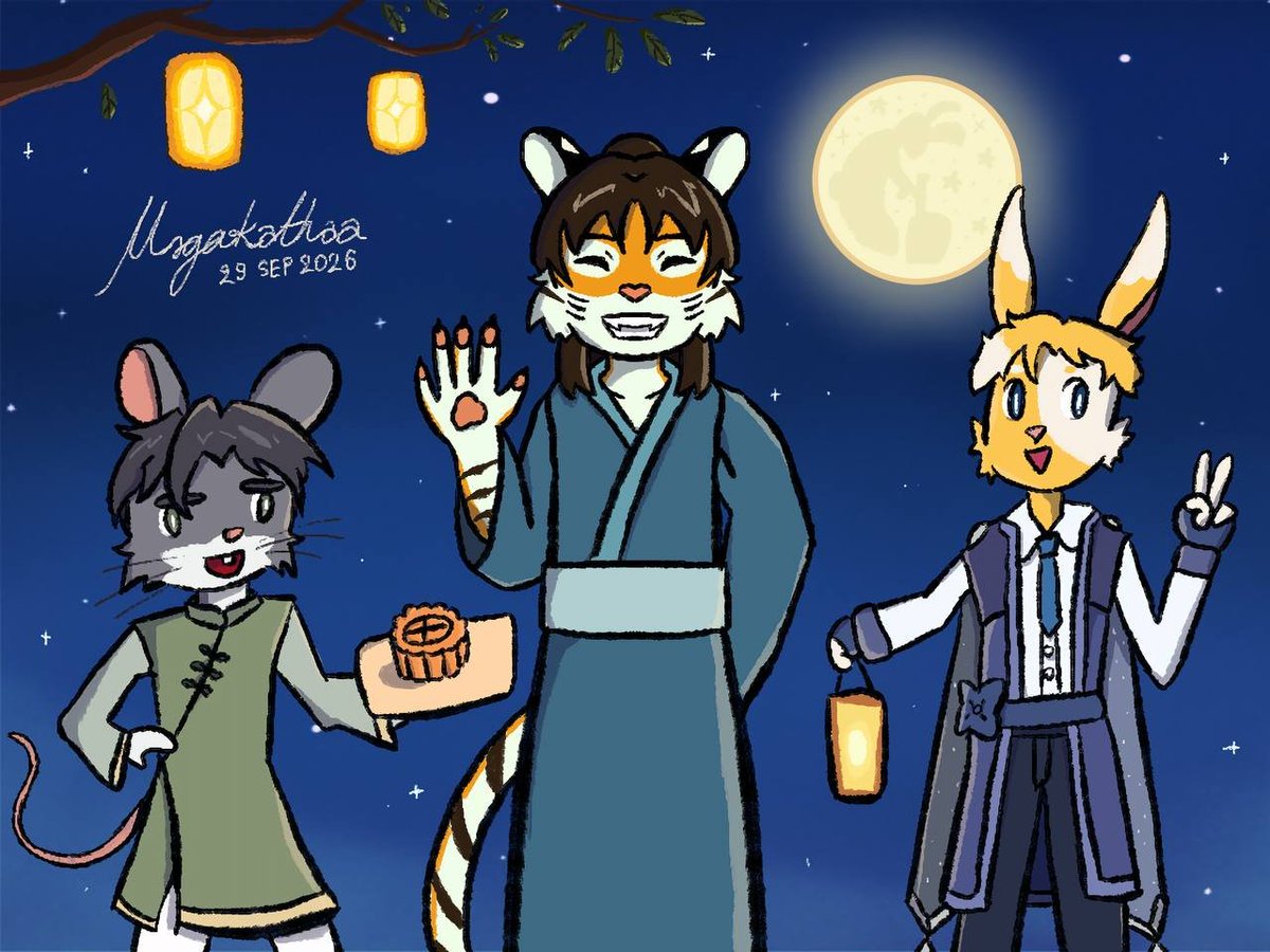 mrgakathaa's tweet photo. A quick (even kinda late) Midautumn art. 🥮🍁🌕

And happy international bunny day too! 🐰

Characters featured:

🐁 - Liễu Minh Hoa
🐅 - Yek [Guest]
🐇 - Numachino Asashi (沼地野 久志)

#furryartㅤㅤㅤ https://t.co/eLjfY8xdn4
