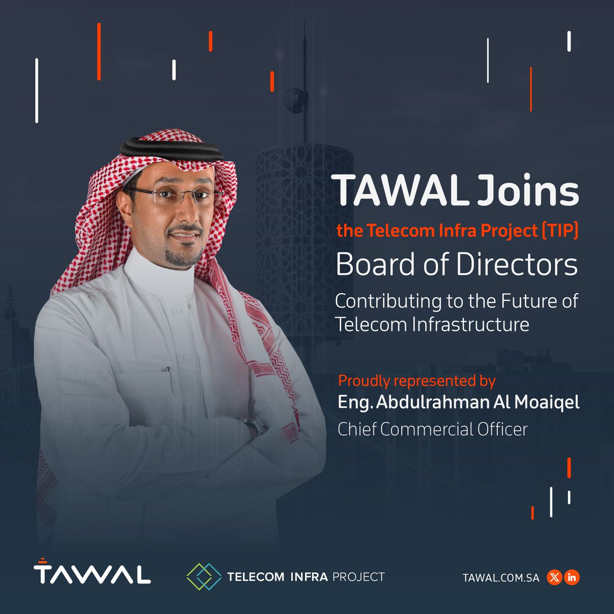 Tawal_KSA's tweet photo. فخورون بتمثيل المهندس عبدالرحمن آل معيقل لشركة توال في مجلس إدارة Telecom Infra Project ، ومساهمته في الحوار العالمي الذي يرسم ملامح مستقبل البنية التحتية للاتصالات.

We are proud to have Abdulrahman Almoaiqel represent TAWAL on the Telecom Infra Project Board of Directors, contributing to the global dialogue shaping the future of telecom infrastructure.