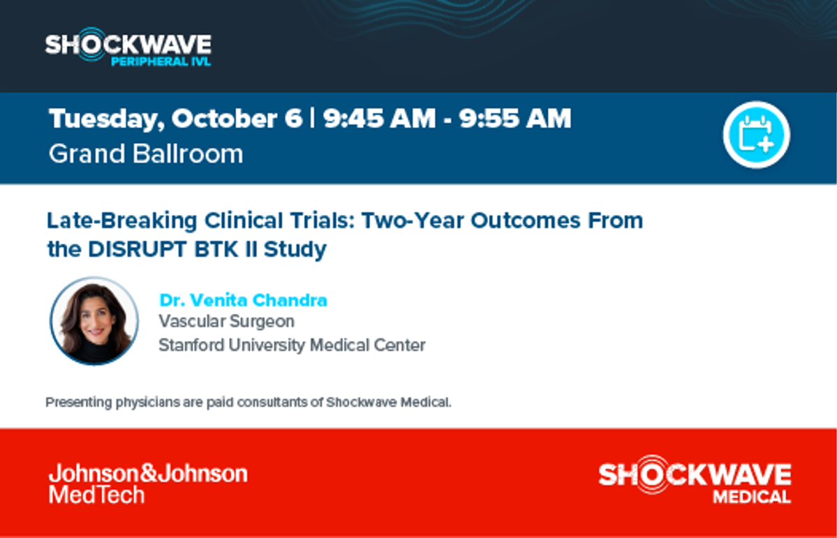 JJMT_CircRest's tweet photo. 🚨 You won’t want to miss the #VIVA26 Late Breaker of the two-year outcomes from the DISRUPT BTK II Study, presented by Dr. Venita Chandra on Tuesday, October 6 at 9:45am. See you there! @VIVAPhysicians

US Rx only. Safety Info: https://t.co/as4irbY3DX 
Product availability may vary by country.