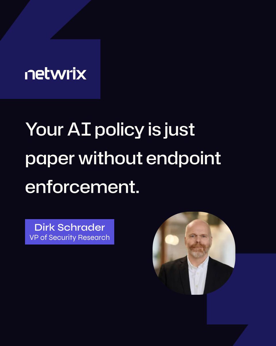 Netwrix's tweet photo. A written AI policy doesn't stop shadow AI. A technical control does.

Only 20% of organizations say they fully monitor or govern employee use of shadow AI, according to Netwrix's 2026 Data and Identity Security Report. The rest are relying on policy while employees download AI writing assistants, browser extensions, and executables IT never reviewed.

Dirk Schrader, VP of Security Research at Netwrix, explains why AppLocker can't keep pace with AI tool sprawl, and how file-owner-based allowlisting flips the question from "what's on the list" to "who put this file here."

Read the full blog: https://t.co/qbFrTnFe4e 

#Netwrix #AIPolicy #ShadowAI #DataSecurity #IdentitySecurity