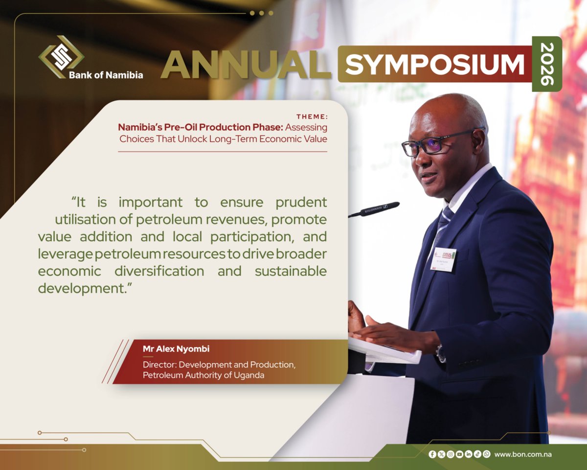 BankofNamibia's tweet photo. What does it take to turn petroleum potential into long-term economic value for Namibia?

At the recently concluded 2026 Annual Symposium, held under the theme “Namibia’s Pre-Oil Production Phase: Assessing Choices That Unlock Long-Term Economic Value,” the speakers examined what readiness for potential production should look like in practice. The discussions pointed to capable institutions, fit-for-purpose legal and regulatory frameworks, prudent revenue management, meaningful local participation, specialised skills, environmental safeguards and effective coordination across the public and private sectors.

Swipe through for key perspectives from the Symposium on the choices Namibia must make today to build value that lasts beyond the resource.

#BankOfNamibia #AnnualSymposium2026