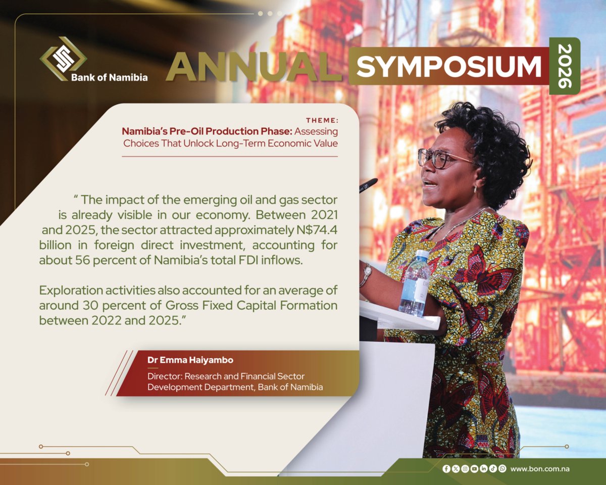 BankofNamibia's tweet photo. What does it take to turn petroleum potential into long-term economic value for Namibia?

At the recently concluded 2026 Annual Symposium, held under the theme “Namibia’s Pre-Oil Production Phase: Assessing Choices That Unlock Long-Term Economic Value,” the speakers examined what readiness for potential production should look like in practice. The discussions pointed to capable institutions, fit-for-purpose legal and regulatory frameworks, prudent revenue management, meaningful local participation, specialised skills, environmental safeguards and effective coordination across the public and private sectors.

Swipe through for key perspectives from the Symposium on the choices Namibia must make today to build value that lasts beyond the resource.

#BankOfNamibia #AnnualSymposium2026