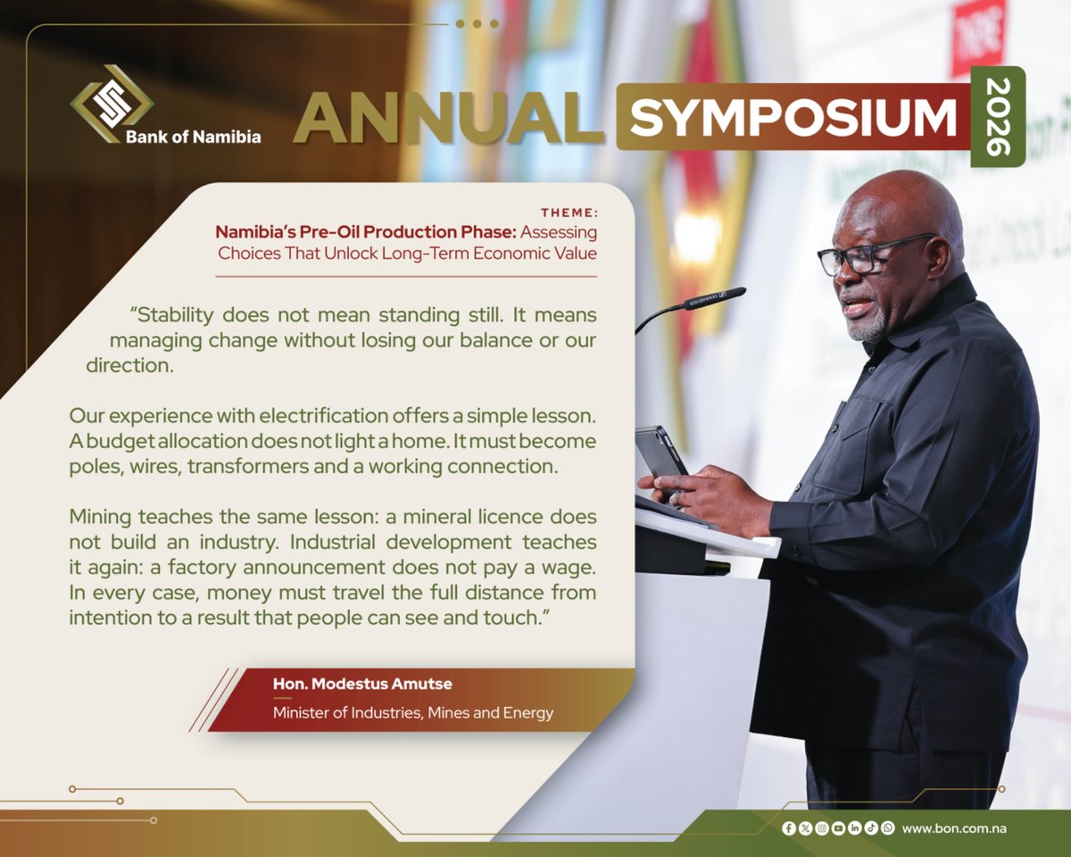 BankofNamibia's tweet photo. What does it take to turn petroleum potential into long-term economic value for Namibia?

At the recently concluded 2026 Annual Symposium, held under the theme “Namibia’s Pre-Oil Production Phase: Assessing Choices That Unlock Long-Term Economic Value,” the speakers examined what readiness for potential production should look like in practice. The discussions pointed to capable institutions, fit-for-purpose legal and regulatory frameworks, prudent revenue management, meaningful local participation, specialised skills, environmental safeguards and effective coordination across the public and private sectors.

Swipe through for key perspectives from the Symposium on the choices Namibia must make today to build value that lasts beyond the resource.

#BankOfNamibia #AnnualSymposium2026