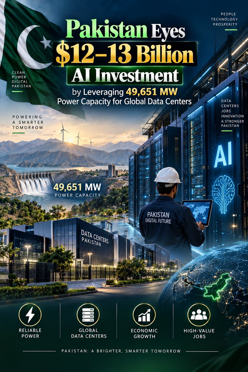 kamcia123's tweet photo. Pakistan Eyes $12–13 Billion AI Investment by Leveraging 49,651 MW Power Capacity for Global Data Centers https://t.co/2evJQtV4GM