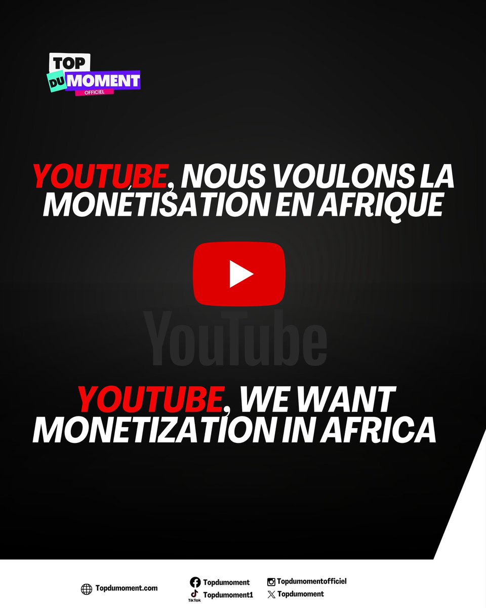 topdumoment1's tweet photo. Reposte si toi aussi tu veux la monétisation YouTube en Afrique 🌍✊🏾 Mentionne YouTube en commentaire et partage. Ensemble, faisons entendre notre voix #Youtube #Monetisation https://t.co/nofyGLKUds