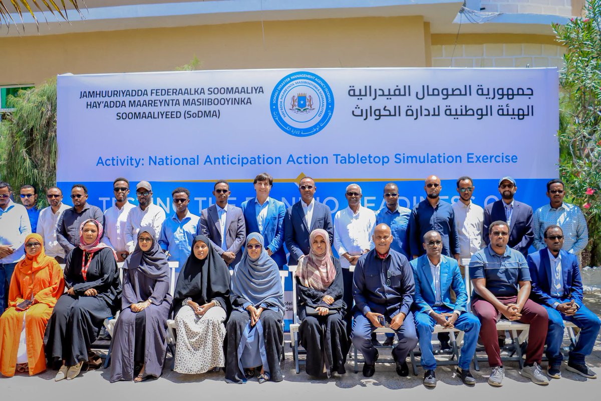 SoDMA_Somalia's tweet photo. Commissioner @MahamuudMoallim opened a national simulation exercise in Mogadishu to test Somalia’s El Niño 2026 preparedness and capacity to respond to flash and Juba-Shabelle river flooding.

Organised by SoDMA with @WFPSomalia, the exercise brings together Federal Government, Federal Member States, UN and other humanitarian partners to test early warning, risk information, coordination and early action.

The exercise focuses on turning forecasts into timely decisions and action, identifying coordination and information-sharing gaps, and mobilising support to reduce flood impacts and protect vulnerable communities.

Commissioner @MahamuudMoallim stressed that Somalia has made progress in early warning systems, but the priority is turning warnings into rapid decisions and early action that protect lives and livelihoods.