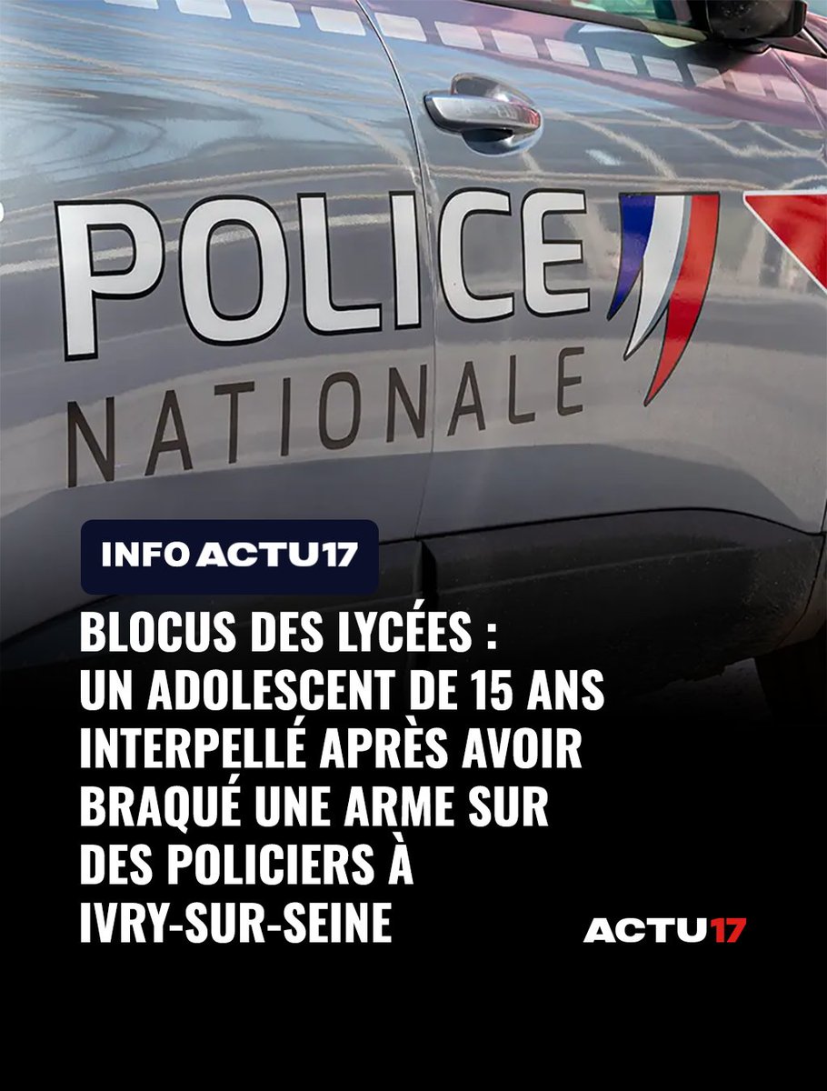 Actu17's tweet photo. INFO ACTU17. Blocus des lycées : un adolescent de 15 ans interpellé après avoir braqué une arme sur des policiers à Ivry-sur-Seine

Il s'agit d'un pistolet à billes, le mineur a été placé en garde à vue ➡ https://t.co/D7kqOQGkVv https://t.co/mrBB7iAORJ