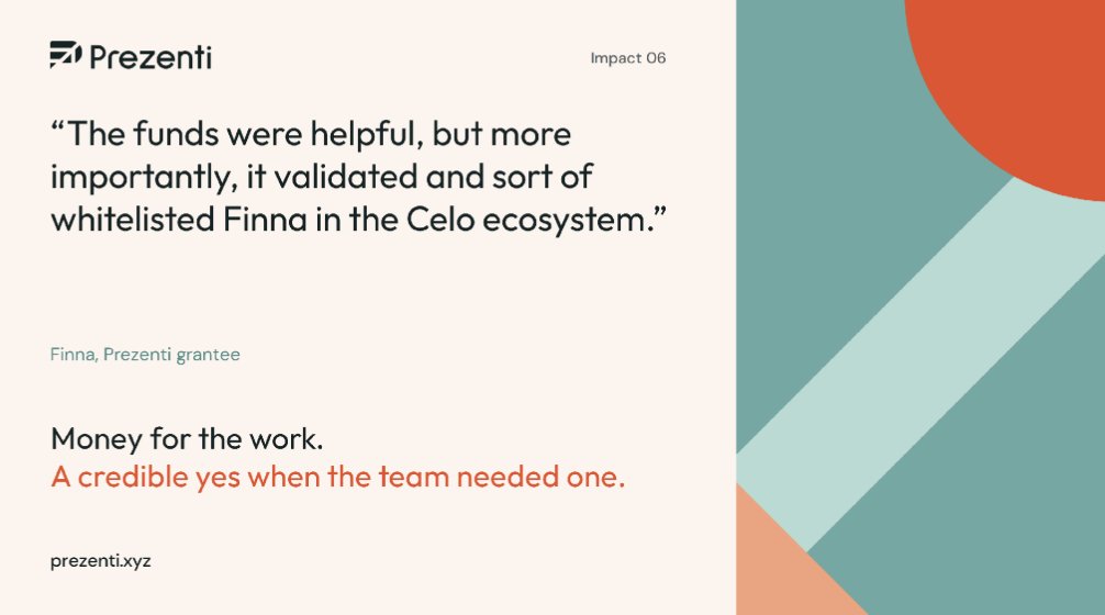 prezenti_grants's tweet photo. “The funds were helpful, but more importantly, it validated and sort of whitelisted Finna in the Celo ecosystem.” - @FinnaHQ 

Prezenti is a gateway. Giving you the funding  and the credibility to grow within the @Celo  ecosystem https://t.co/PmwfDGZ9SW