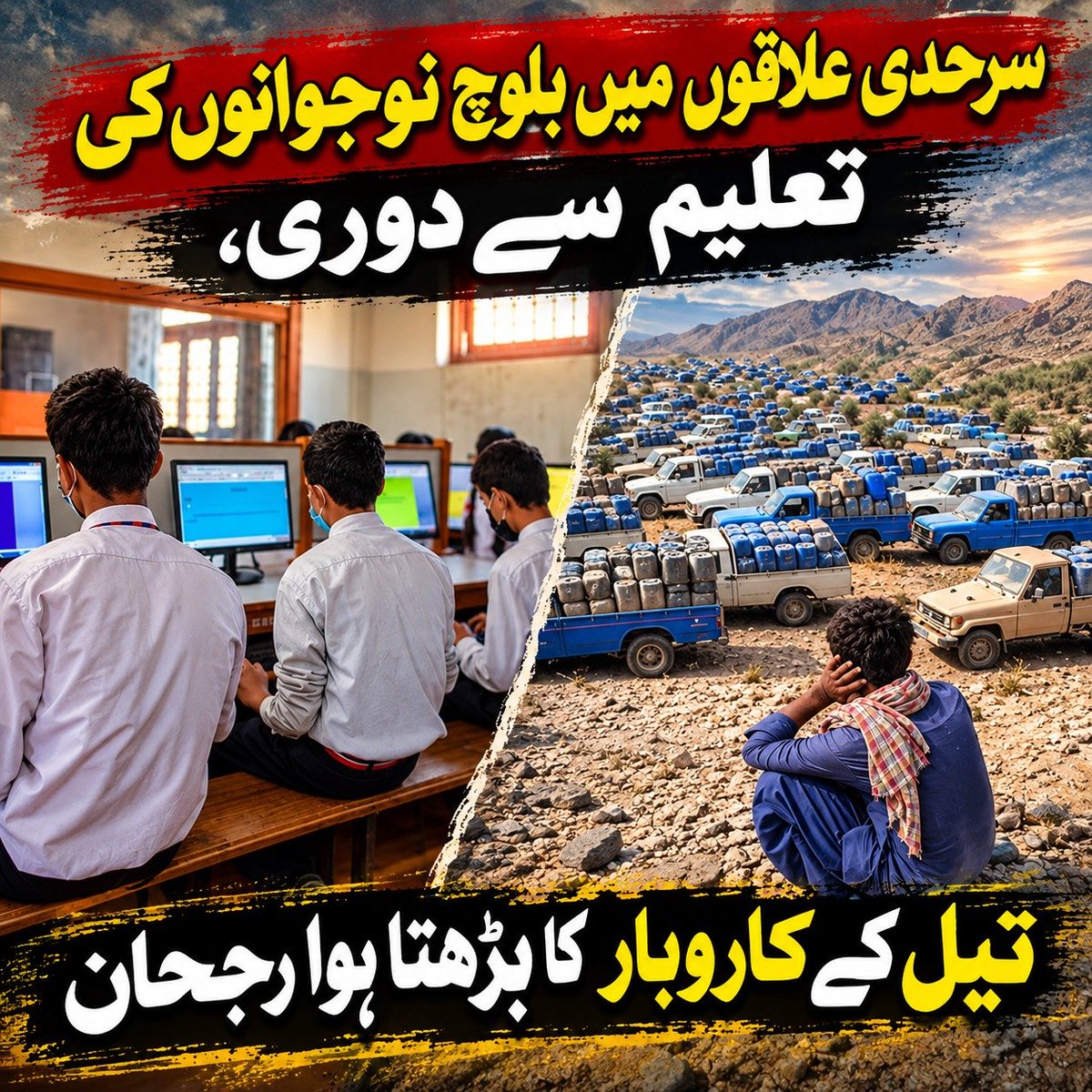 B_Baloch11's tweet photo. سرحدی علاقوں میں بلوچ نوجوانوں کی تعلیم سے دوری،تیل کے کاروبار کا بڑھتا ہوا رجحان
#EducationFirst #FutureNotFear #EducationForAll #SayNoToExtremism https://t.co/CaYy6PMy2e