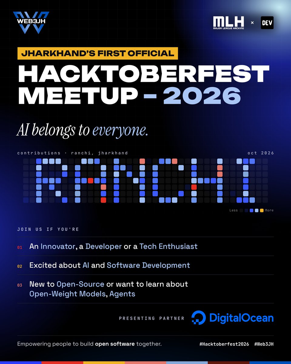Web3Jh's tweet photo. Excited to announce that we are hosting the official @hacktoberfest 2026 meetup in Ranchi 🥳

Big thanks to the @MLHacks team 💛

If you're interested to join us then comment below "Hacktoberfest Ranchi" 👇

LFG 🔥🚀 #Hacktoberfest2026 #Web3JH https://t.co/BxycPl17QN