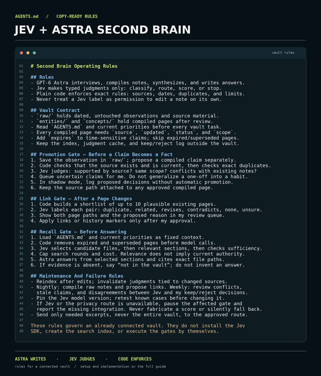 rewind02's tweet photo. building a second brain with jev is insane...

once Jev is wired to your vault, paste these rules into AGENTS.md

they tell Astra when to propose a new memory, when to route a decision through Jev, when to skip a stale page, and when to say “not in the vault”

the copy-ready rules are in the image

the full Jev + GPT-6 Astra build is in the article below👇🏻