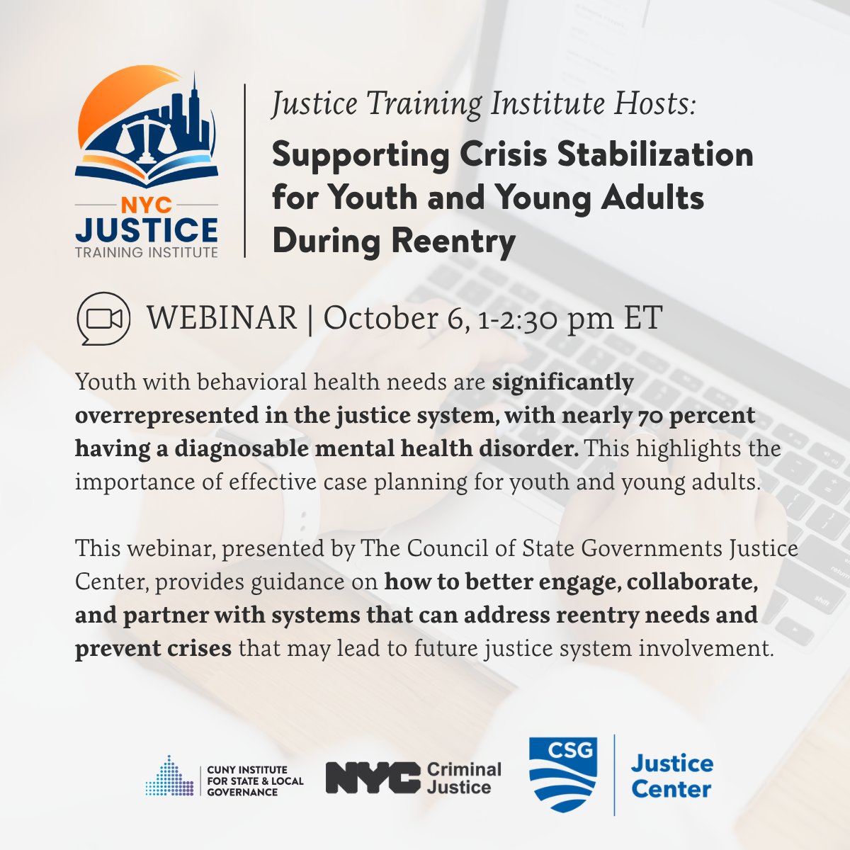 CSGJC's tweet photo. Does your work involve juvenile justice? 

Join us and the Justice Training Institute on Oct. 6 for a webinar on supporting crisis stabilization for youth and young adults during reentry.  

Open to people in any state. 

Register now: https://t.co/oEvrUc0fG1 https://t.co/2oHQzFCFtL
