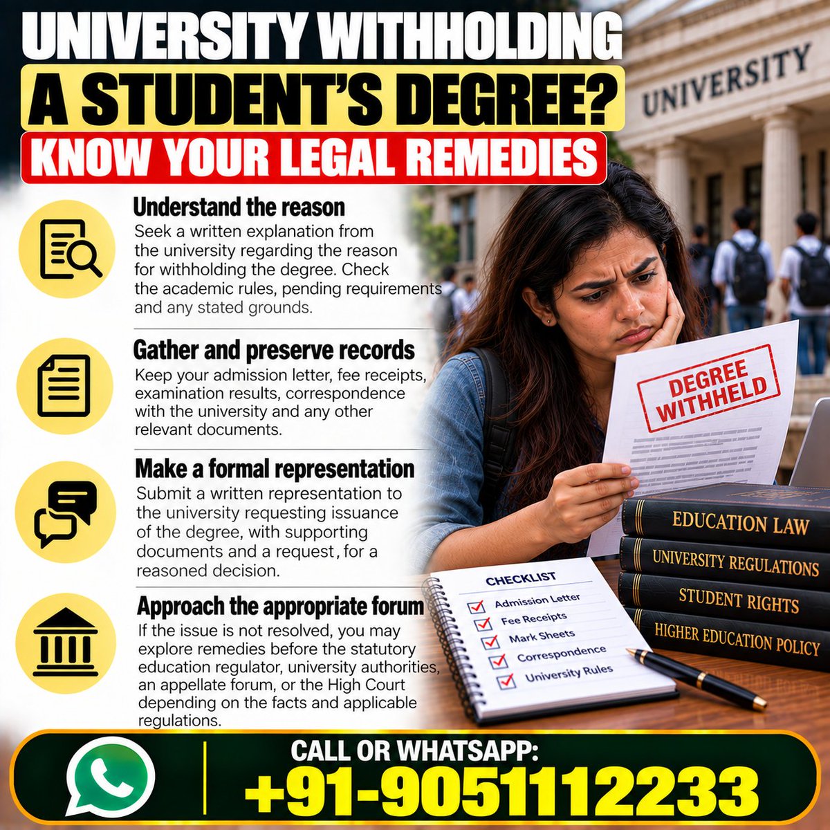 drakmphd's tweet photo. What legal remedies may be available when a university withholds a student’s degree without proper explanation? 
Call or WhatsApp: +91-9051112233 
#EducationLaw #StudentRights #UniversityDispute https://t.co/MaHGlF6Ll9