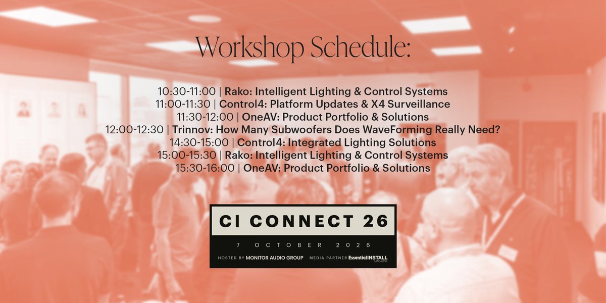 MonitorAudio's tweet photo. Alongside networking and demonstrations, CI Connect will feature a series of expert-led workshops covering smart home technology, intelligent lighting, immersive audio, business growth and industry initiatives.

Designed specifically for custom installers and integrators, each session offers practical insights that you can take straight back to your projects and customers.

Get your tickets now.
https://t.co/x8kbeh7sTO

#MonitorAudioGroup #CICONNECT2026 #CustomInstallation #Experience #Discover #Connect #ListenAgain