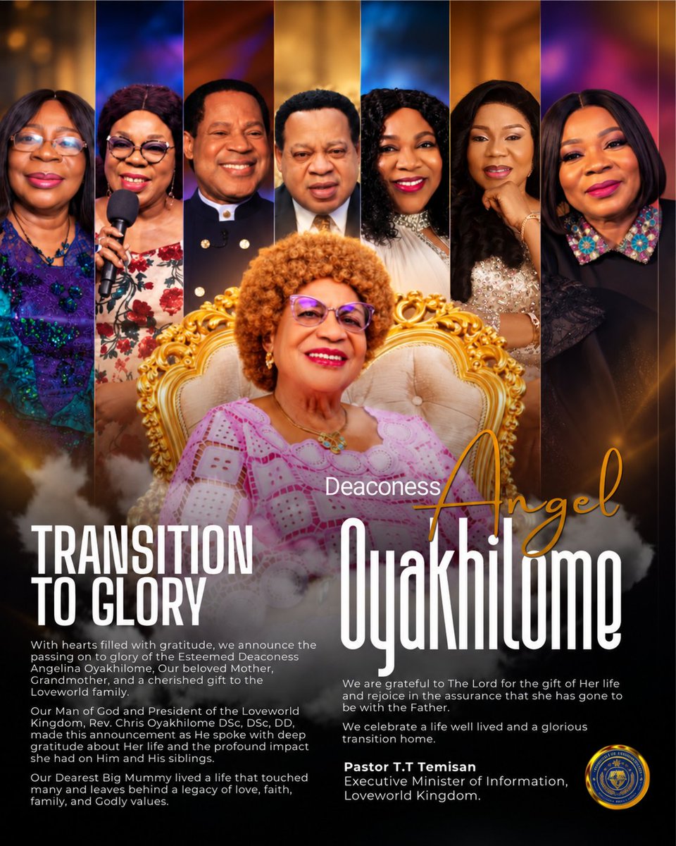 This_Loveworld's tweet photo. We give thanks to The Lord for the beautiful life of our beloved Big Mummy, Esteemed Deaconess Angelina Oyakhilome, a great woman whose love, warmth, faith, and presence was a blessing to many.

As we celebrate her glorious transition home, we recognize that the impact of -- https://t.co/tdex50mI5q