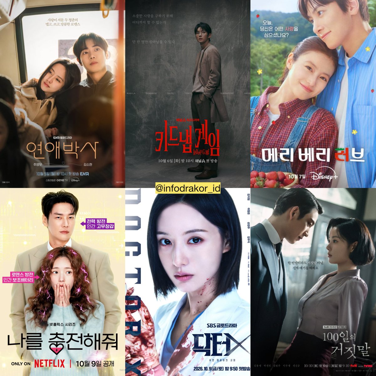 infodrakor_id's tweet photo. 🔜 KDrama Tayang Oktober 2026  

ENA #BetweenSteps (5) - Disney+ 
Fuji TV #kiDnapGAME (6) - VIU 
Disney+ #MerryBerryLove (7) 
Netflix #TakeChargeOfMyHeart (9) 
SBS #DoctorX (9) - Netflix 
tvN #100DaysofDeception (10) - Netflix
TVING #MakeMeTingle (15) - HBO MAX
tvN #LoveInDisguise (19) - Prime Video
JTBC #FinalTable (24) - Prime Video 
Lifetime #OhMyGuard (24) - VIU 
WAVVE #SummerBreak (26) 
MBC #ThePerfectLie (30)