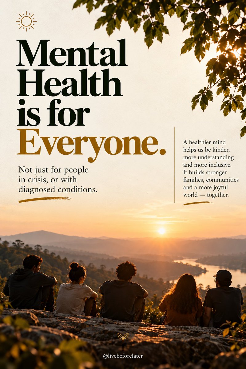 LiveBeforeLater's tweet photo. We talk openly about physical health. Why do we whisper about mental health?

A healthy mind isn't just for people in crisis. It's for all of us—to live joyfully, understand one another and build a society rooted in compassion, not judgment. 🌱

#MentalHealth 
#actnow https://t.co/kqKAEBw2I9