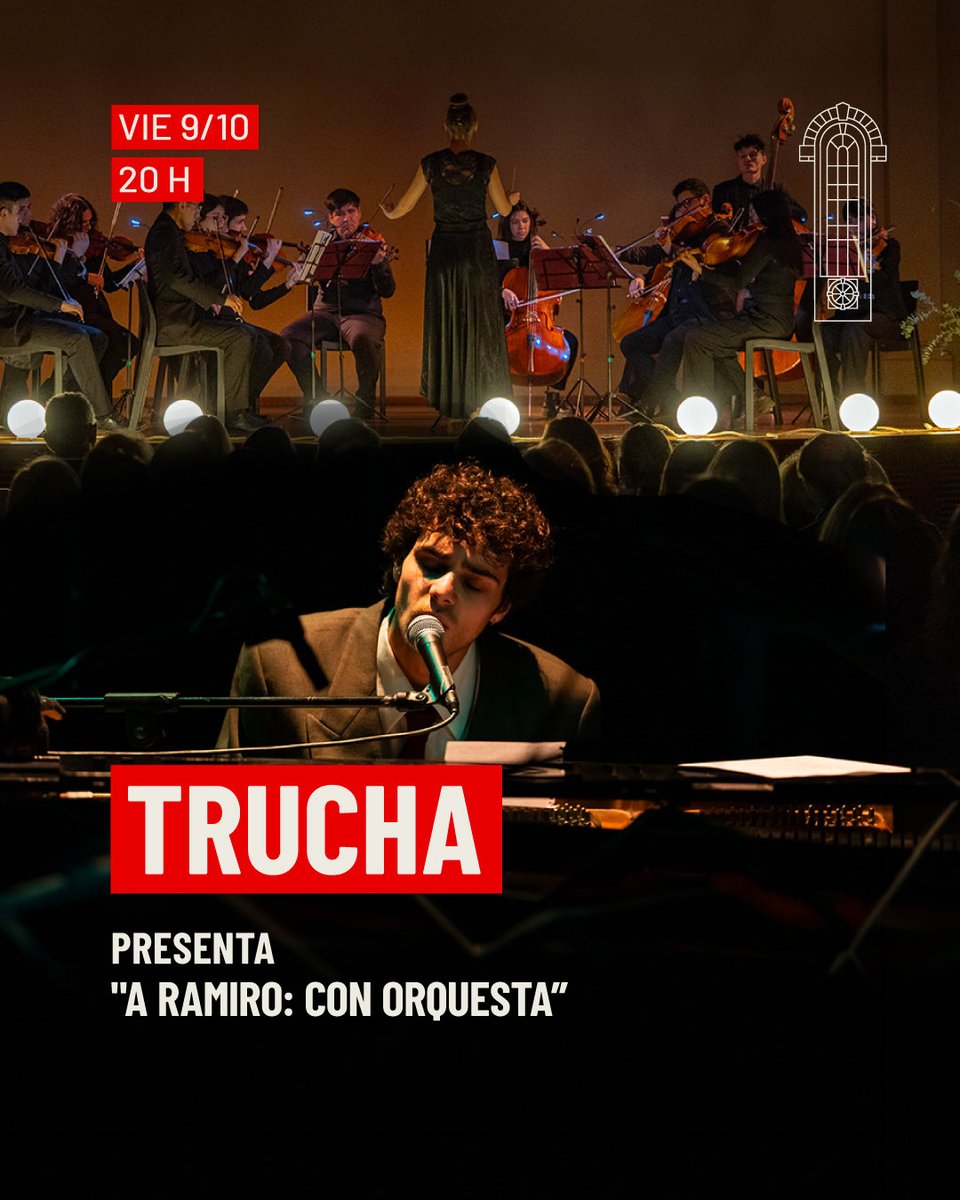 UsinadelArte's tweet photo. Un año de A Ramiro, en vivo

El viernes 9 de octubre, a las 20 h, Trucha y la Orquesta Liria, bajo la dirección de Clara Ackermann, se encuentran en vivo para presentar A Ramiro: con orquesta, a un año del lanzamiento del álbum. https://t.co/dEn9cfjpHY