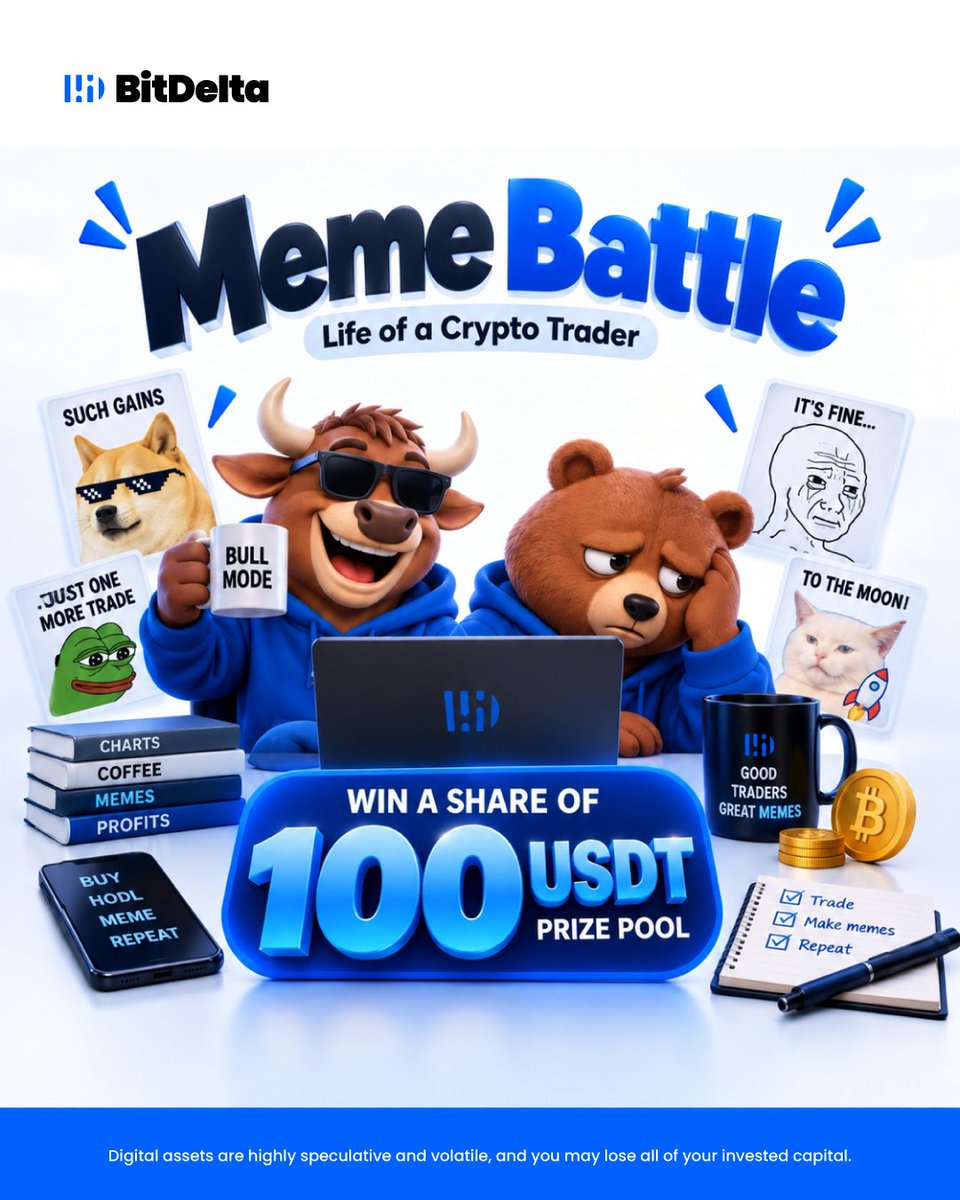 bitdelta's tweet photo. 🎭 BitDelta Meme Battle Is Live!

Think you're the funniest trader in crypto?

Create your best crypto meme, post it on X, tag @BitDelta, and compete for a share of the reward pool.

How to Participate

- Follow @BitDelta
- Like the official campaign announcement and Tag 3 friends
- Create an original meme based on the campaign theme
- Quote Post the official campaign announcement with your meme

Include #BitDeltaMemeBattle in your post

💰 Prize Pool: 100 USDT

⏰ Campaign Ends: 16th October, 2026.