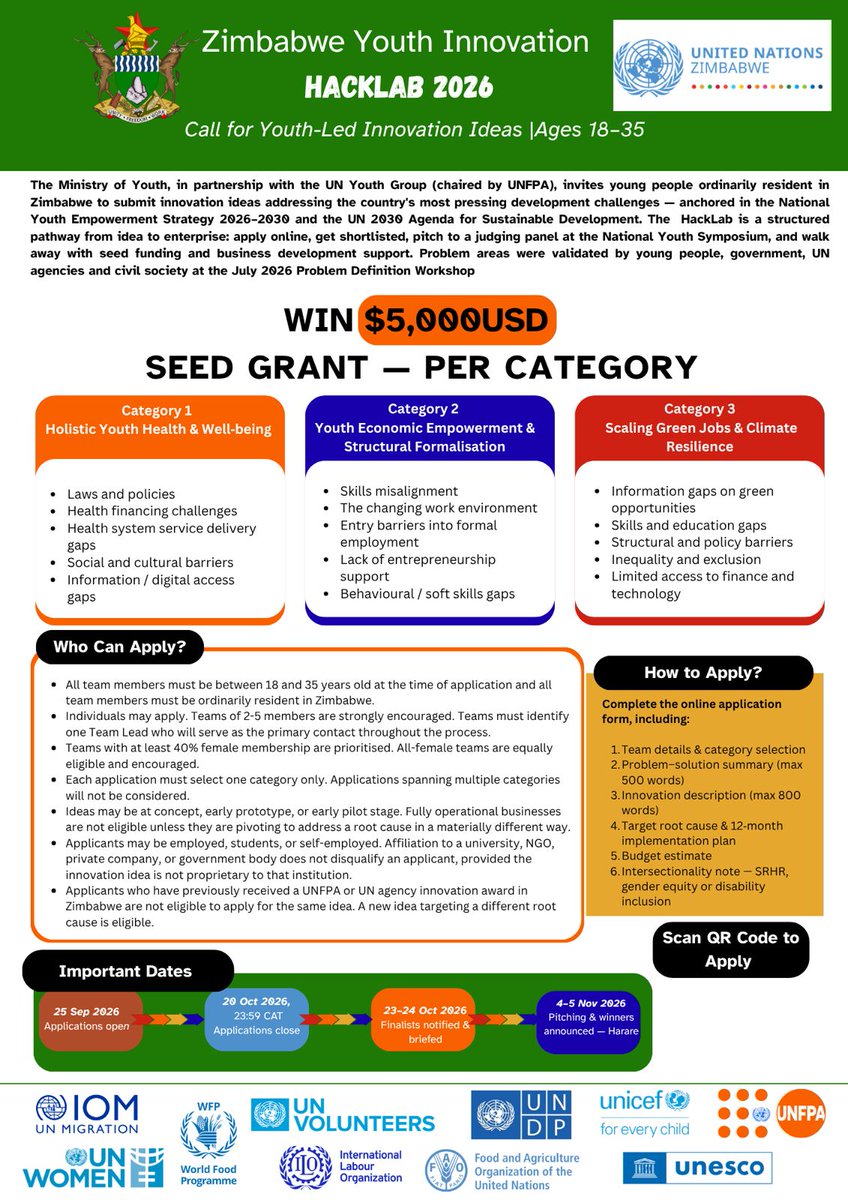 UNZimbabwe's tweet photo. The @myedvt & UN Youth Group (led by @UNFPA_Zimbabwe) have launched a call for ideas from innovators aged 18-35π
3 categories, 3 UN-Zim Cooperation Framework pillars.
π°$5,000 seed grant per category| Deadline: 20 Oct
πhttps://t.co/Y76Waao4r6
#Together4Zimbabwe #UNZim #UN81 https://t.co/BlXdPjSWbO