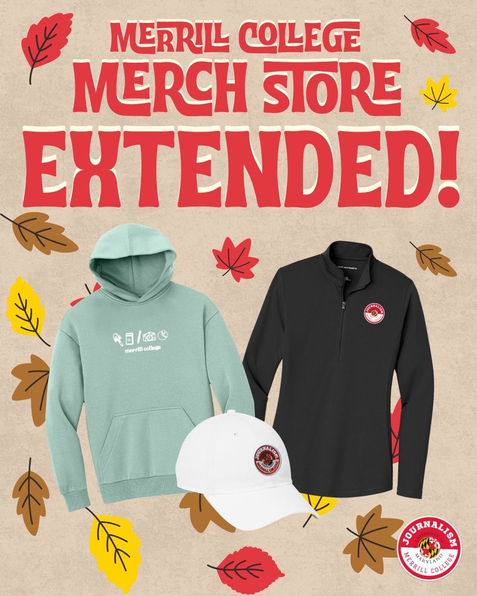 merrillcollege's tweet photo. ONE DAY LEFT to get your #merrillmade merch!

Show off your favorite journalism school with:

🍁 T-shirts
🍁 Hoodies
🍁 Crewnecks
🍁 Under Armour
🍁 PJ pants
🍁 Polos
🍁 Rain gear
🍁 Baseball caps

and more! 

The Merrill Fall Merch Store closes TOMORROW, Sept. 30 at 11:59 p.m.!

This is the ONLY full merch store we will be offering this academic year!

Check it out at https://t.co/A1aCfbjv8I #fearlessjournalism