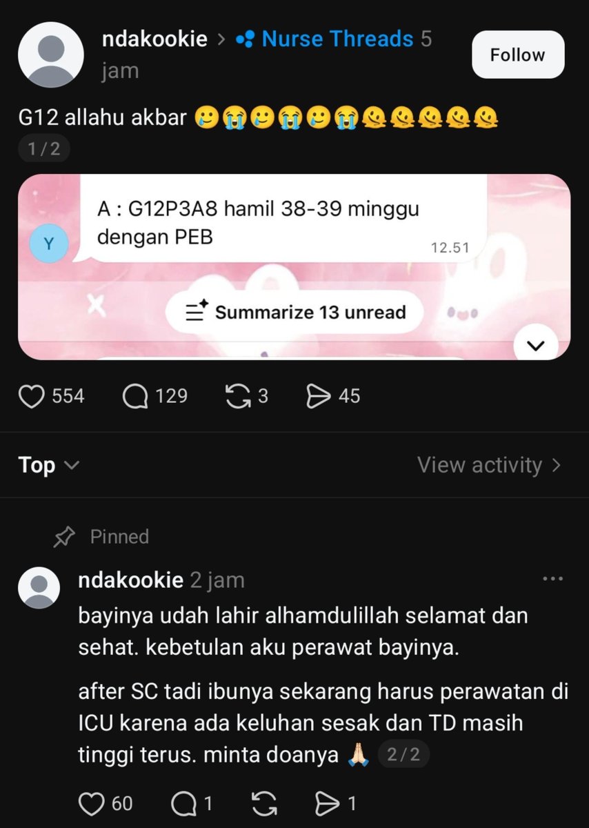 areumdowoonie's tweet photo. Baca ini langsung ikutan stress SEKALI LAGI GUE IKUTAN STRESS 😭🙏

SEKILAS INFO
G12P3A8 artinya:
G12 (Gravida 12): sudah hamil 12 kali (termasuk kehamilan saat ini).
P3 (Para 3): sudah pernah melahirkan 3 kali.
A8 (Abortus 8): sudah pernah keguguran 8 kali.

PEB (pre-eklampsia berat): tekanan darah tinggi saat hamil, batasnya tekanan darah sistolik ≥160 mmHg dan/atau diastolik ≥110 mmHg)

Sehat-sehat ya buat para nakes 😭🙏
Buat pasien tersebut semoga segera pulih 🫶