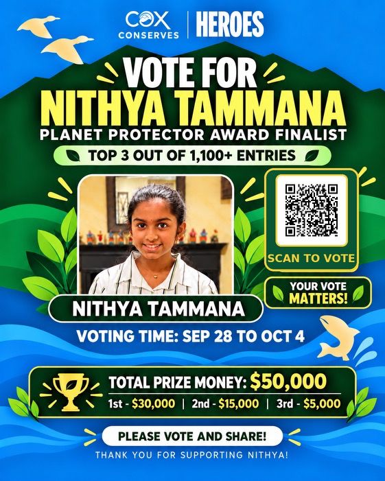 SaveDrop2024's tweet photo. Nithya just made the TOP 3 out of 1,100+ entries for the Cox Conserves Heroes Planet Protector Award!

Voting opened TODAY (Mon, Sep 28) through Oct 4 - takes 30 seconds: https://t.co/kaPScaehJ8

Please vote, and forward this to everyone. Every vote counts. Thank you! 🙏 https://t.co/BXFsQaT7sj