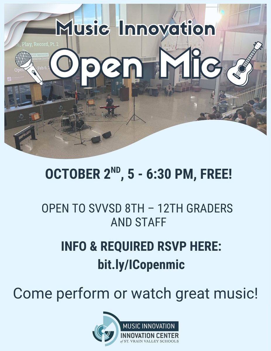 ICSVVSD's tweet photo. Join us for this Friday's FREE music innovation open mic hosted by our Symphonation Project Team! This is the first open mic event of the 2026-2027 school year and attendance is capped at 100, so register soon! Learn more and register here: https://t.co/p8CC863enz https://t.co/W9GlZKtnKr