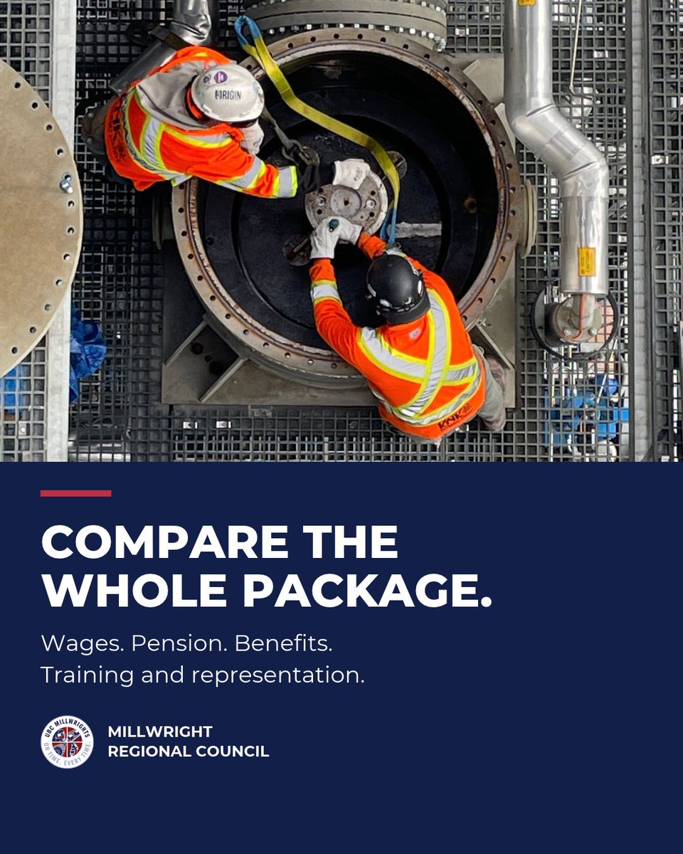 MillwrightsCan's tweet photo. Considering a union move? Compare pension contributions, benefits, training and representation alongside the hourly rate. Ask about available work, dispatch and travel.

Read more: https://t.co/Z1d97BlYO4

#UBCMillwrights https://t.co/bBC2en9dN7