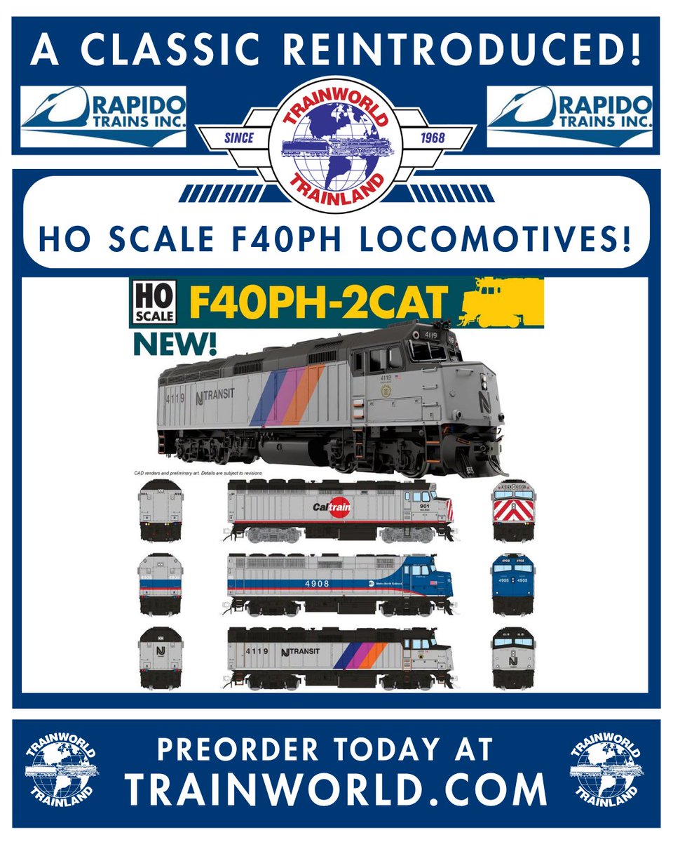 Trainworld's tweet photo. A Classic Reintroduced; @RapidoTrains’ New HO F40PHs! 🤩

PreOrder today at https://t.co/i7Kp3pvGj1! https://t.co/48YaW6RrVn

#rapidotrains #hoscale #f40ph #diesel #locomotive #preorder #trainworld #trainland #modeltrains #trains https://t.co/NUAXXJka9F