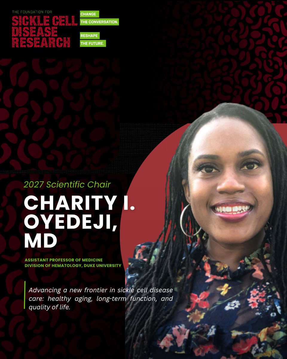 FundSickleCell's tweet photo. Dr. Oyedeji will serve as the 2027 Scientific Chair at the 21st Annual Sickle Cell Disease Research and Educational Symposium & 50th National Sickle Cell Disease Scientific Meeting. 

Her work explores an important and growing area of sickle cell disease care: aging.

Supported by grants and awards from the National Institutes of Health, the American Society of Hematology, and leading aging research organizations, Dr. Oyedeji is helping advance a new frontier focused on long-term function, quality of life, and healthy aging for adults living with sickle cell disease.

This work helps expand the conversation beyond crisis care and toward lifelong care that supports Sickle Cell Warriors across every stage of life.

#SickleCellDisease #SickleCellResearch #SickleCellCare #Hematology #FSCDR