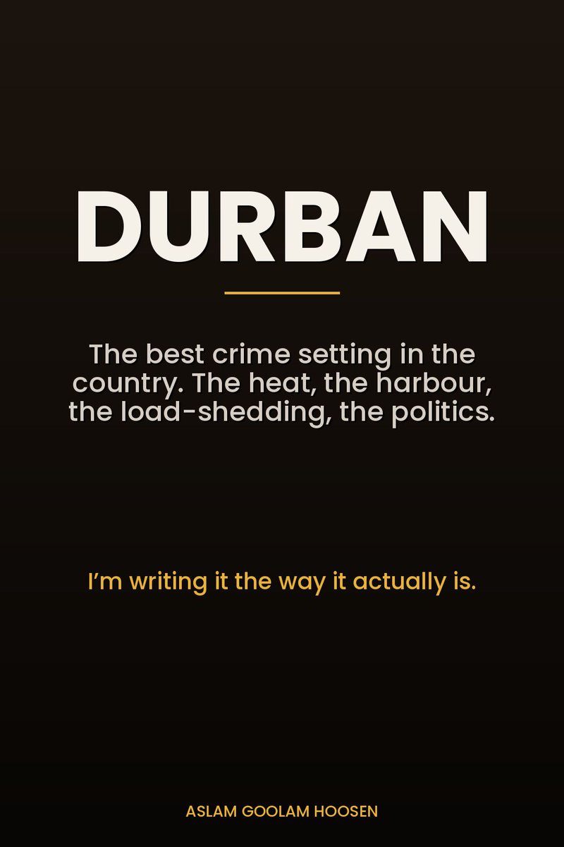 Aslamhoosen's tweet photo. South African crime fiction hits different because the stakes are real and the place is a character.

Deon Meyer. S.A. Cosby's energy. That lineage.

I'm writing into it ��� Durban-set, working-class heroes, no easy villains. Book 1 is out.

#SouthAfrica #CrimeFiction https://t.co/TOM98NPK8o