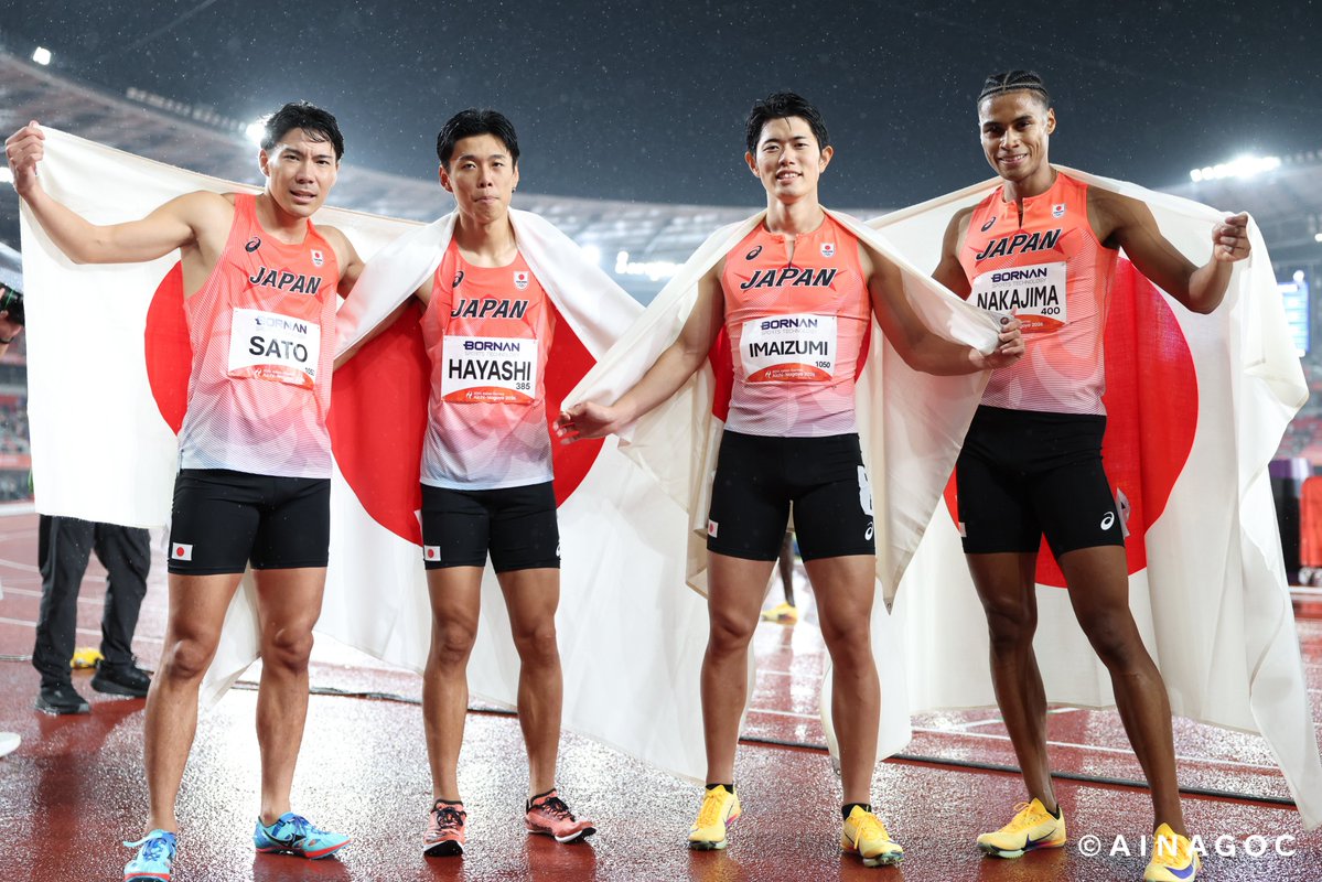jaaf_official's tweet photo. /／
【#アジア大会】
男子4×400mリレーで金メダル🥇獲得✨️
\＼

◆男子4×400mリレー
1位🥇🇯🇵日本　3分00秒75

🇯🇵#佐藤風雅（ミズノ）
🇯🇵#林申雅（筑波大学）
🇯🇵#今泉堅貴（内田洋行AC）
🇯🇵#中島佑気ジョセフ（富士通）

応援ありがとうございました🇯🇵🙌

📺#TBS 系列 ※#TVer リアルタイム配信
⚡U-NEXTで見逃し配信
https://t.co/wZjy0xbjPq
※会員登録が必要です。無料トライアルあり

📣選手への応援メッセージ大募集‼️
https://t.co/e50PE5sb8V
✅オンエア情報など特設サイトでチェック
https://t.co/NPQIbPc2Bk

#愛知名古屋2026 #TEAMJAPAN #ともに一歩踏み出す勇気を #JAAF #陸上