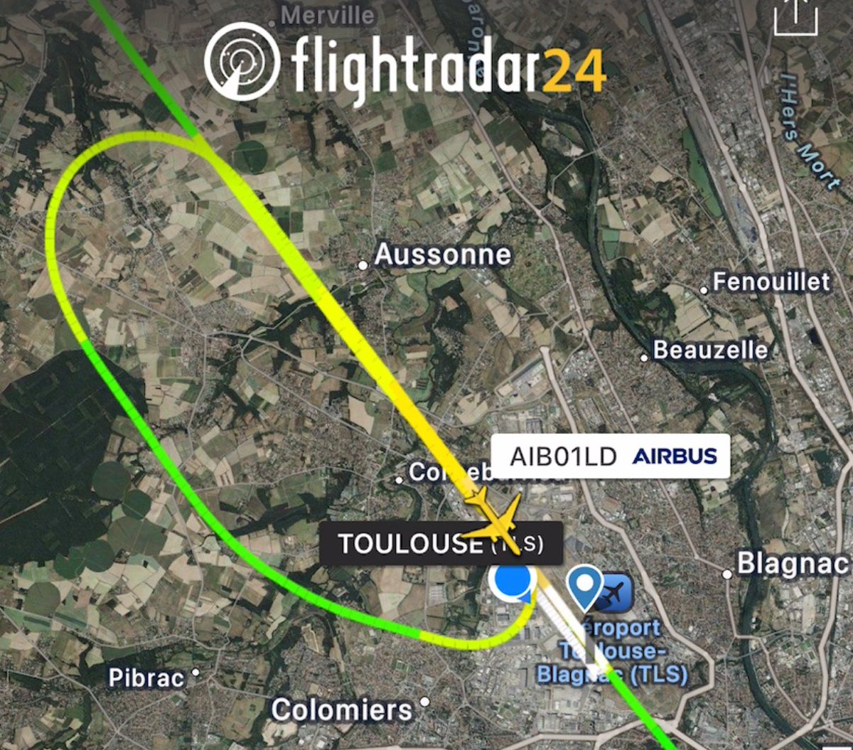 flightradar24's tweet photo. Spectacular views during the low pass before F-WXLD successfully landed after 4h 14min in the air, with nearly one million people tracking the flight on Flightradar24. Congratulations, @Airbus! 👏✈️ https://t.co/hiyMkektxu