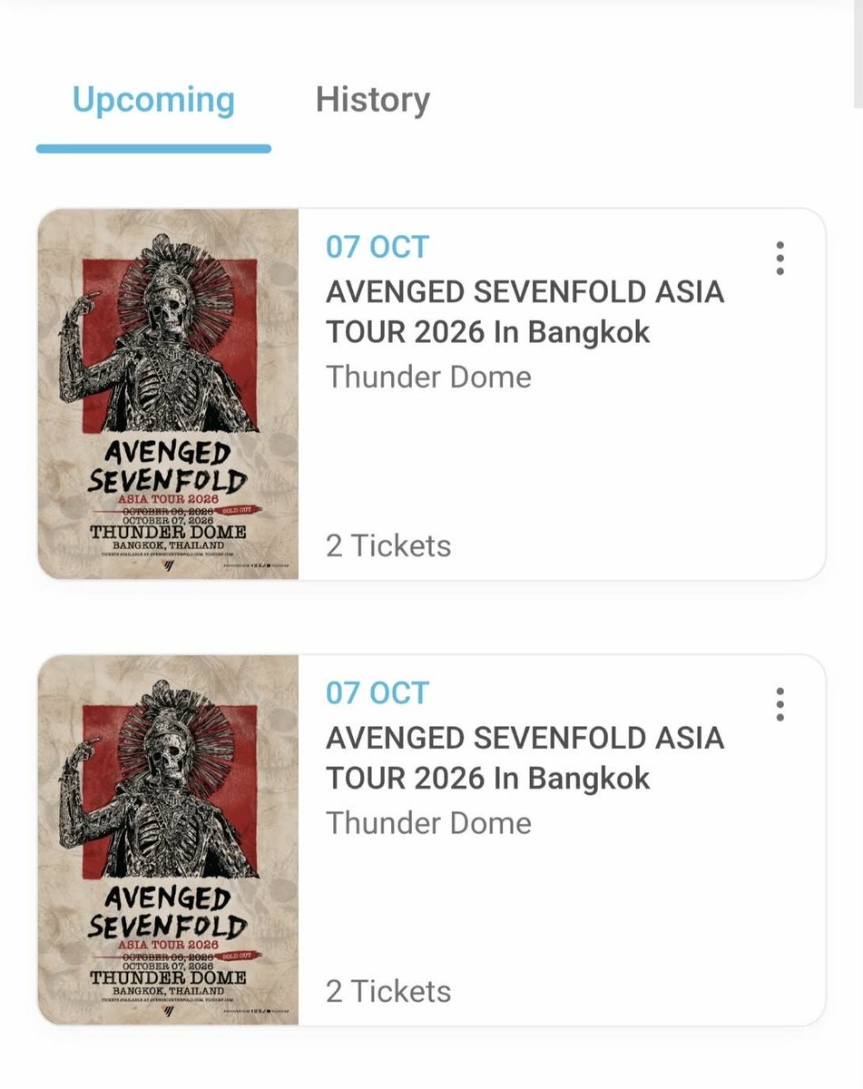 purple_pan_1111's tweet photo. AVENGED SEVENFOLD ASIA TOUR 2026 – Bangkok
Avenged Sevenfold ticket ၂စောင် ပြန်ရောင်းချင်လို့ပါ ၄စောင်ဝယ်ထားတာ အတူသွားမယ့်သူငယ်ချင်းတွေမသွားဖြစ်တော့လို့ ၂ စောင်ပိုသွားလို့ပါBKK or Rangsit face to face Date: 7 October 2026
Seated A,Zone D,2 tickets(adjacent seats)
5000 THB foreach https://t.co/tUwI0mvNKm