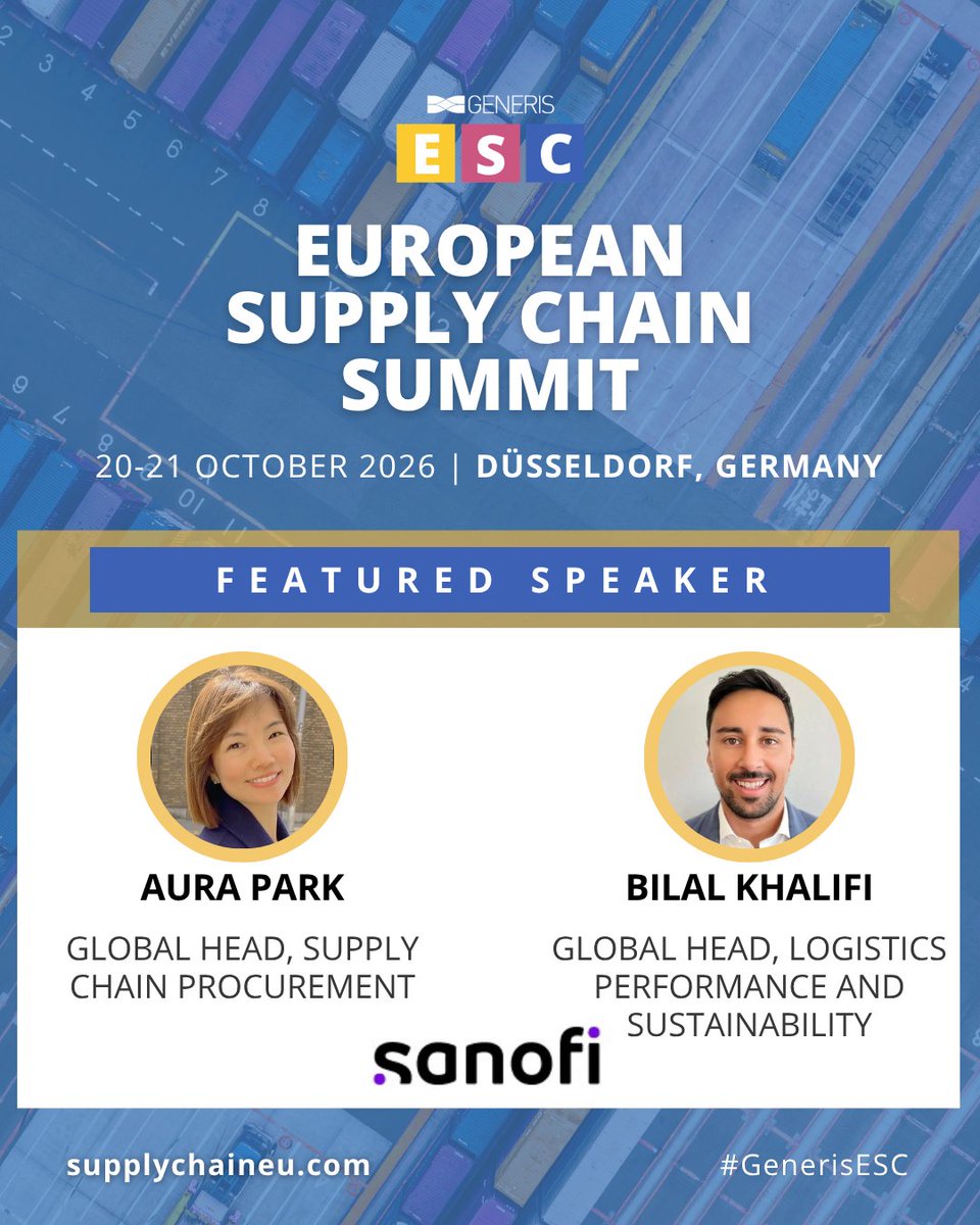 Generis_SC's tweet photo. Join Aura Park, Global Head, Supply Chain Procurement, &amp; Bilal Khalifi, Global Head, Logistics Performance &amp; Sustainability, at Sanofi at the European Supply Chain Summit.

Secure your pass for insights on supply chain decarbonization &amp; more: https://t.co/DBrktuKS3y

#GenerisESC https://t.co/Vdh3cecKJK