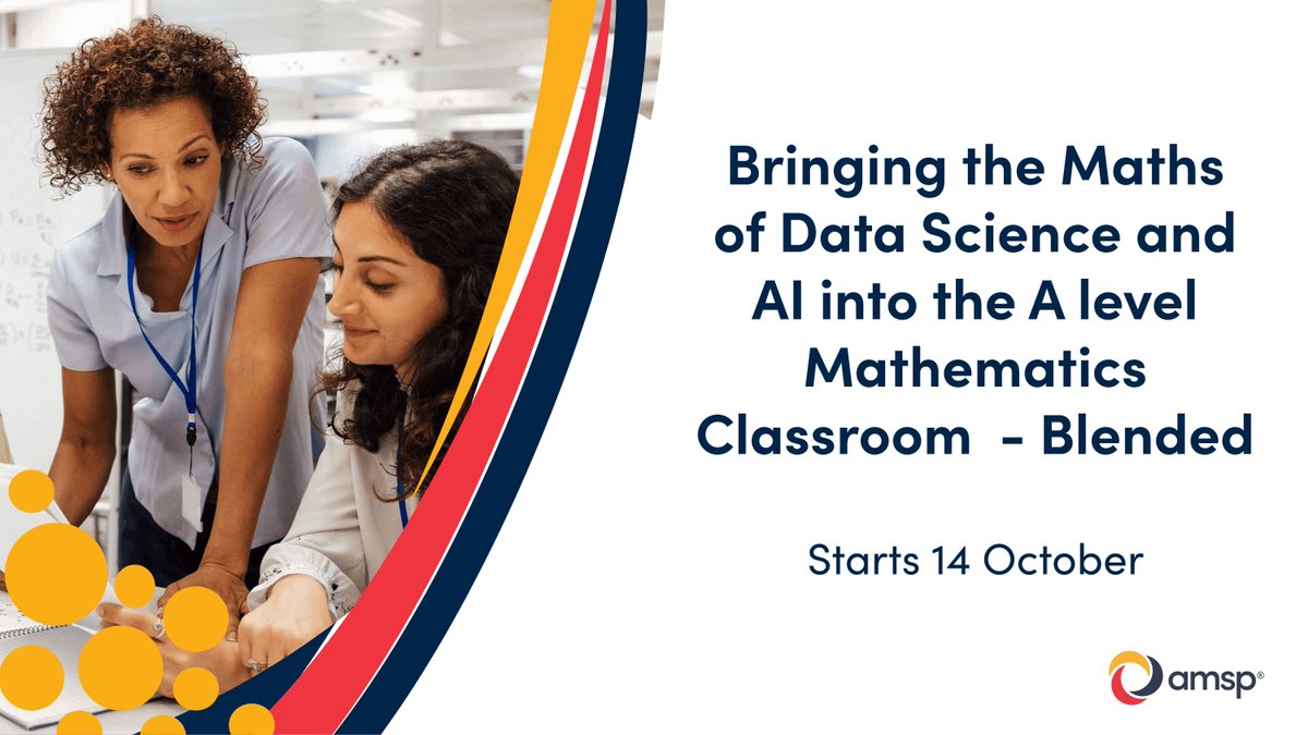 Advanced_Maths's tweet photo. 📍 Learn alongside fellow teachers at a study day in Birmingham, London or Manchester. 

Our Bringing the Maths of Data Science and AI blended course includes 4 online sessions, 1 study day and a £350 subsidy for eligible participants.

Starts 14 Oct.

https://t.co/RneWOGvMwk https://t.co/VlcQlQa9eO