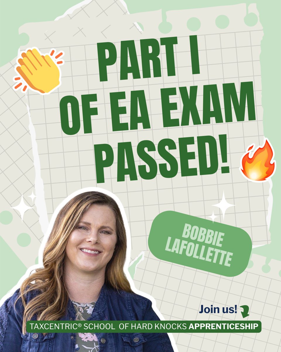 TaxCentricTM's tweet photo. 🎉 TWO DOWN. ONE TO GO.

Huge congrats to TaxCentric® apprentice Bobbie LaFollette on passing Part 1 of the EA exam!

She’s now officially passed 2 of the 3 EA exam sections. 🔥

One. More. Exam. 👏 

#EnrolledAgent #EAExam #TaxProfessional #TaxCareer #TaxCentric https://t.co/v5DkK4k9yp