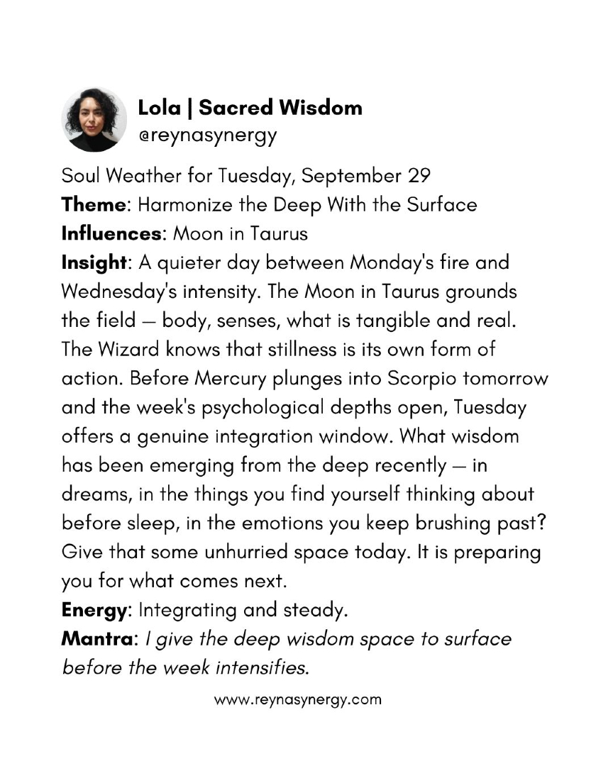 reynasynergy's tweet photo. What has been surfacing in your dreams or late-night thoughts that you keep brushing past? Before Mercury enters Scorpio tomorrow — give the deep some unhurried space today. #SoulWeather #Mantra #TaurusMoon #GalacticWizard #IntegrationDay #AstrologyForecast #BeforeTheDepths https://t.co/bTXARVuA8B