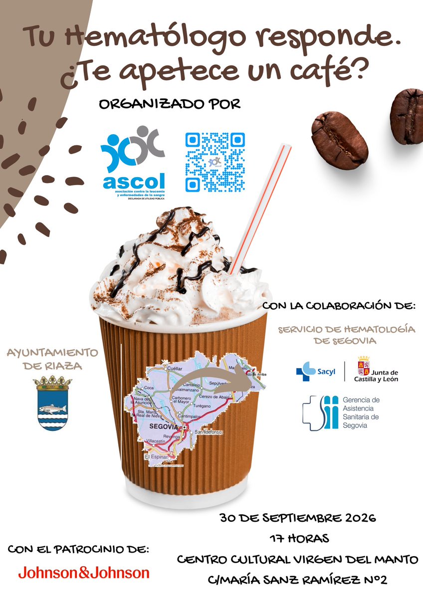 Salud_JCYL's tweet photo. ☕ "Tu hematólogo responde. ¿Te apetece un café?" llega a Riaza.

Una actividad del Servicio de Hematología de Segovia y @ascol_cyl para personas con enfermedades hematológicas y familiares.

📅 30 sept. · 17:00 h
📍 Centro Cultural Virgen del Manto

#Sacyl #Hematología https://t.co/hpMqp1xI1x