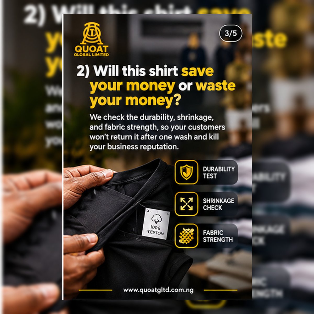 QuoatglobalLTD's tweet photo. We've spoken to over 50 T-shirt vendors in the last few months and they all have the same fear:

"What if I import and it doesn't sell? What if customers complain?"

This is what we check 
#quoatgloballimited #procurement #B2B https://t.co/5XjzYBzcyV