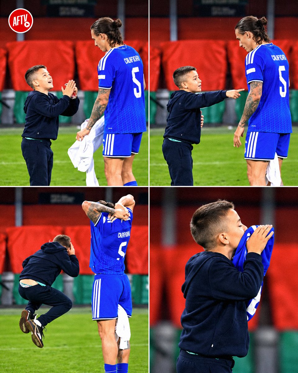 AFTVMedia's tweet photo. A young Turkish fan was completely overwhelmed with joy after receiving Riccardo Calafiori's match shirt following the Turkey vs. Italy game.

What a beautiful moment! ❤️ https://t.co/4FMZ329KK5