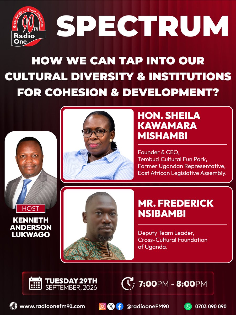 RadioOneFM90's tweet photo. 🌍 How can Uganda’s cultural diversity and institutions drive cohesion and development?

Join @anderlukson with Hon. @sheilakawamara and @FredrickNs30628 on #Spectrum.

📻 Tonight | 7–8PM | Radio One FM90
#RadioOne #FM90 https://t.co/lCsRY7IhJ6