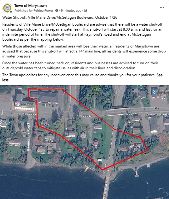TownofMarystown's tweet photo. Water Shut-off, Ville Marie Drive/McGettigan Boulevard, October 1/26 https://t.co/uPg0wCrMjY