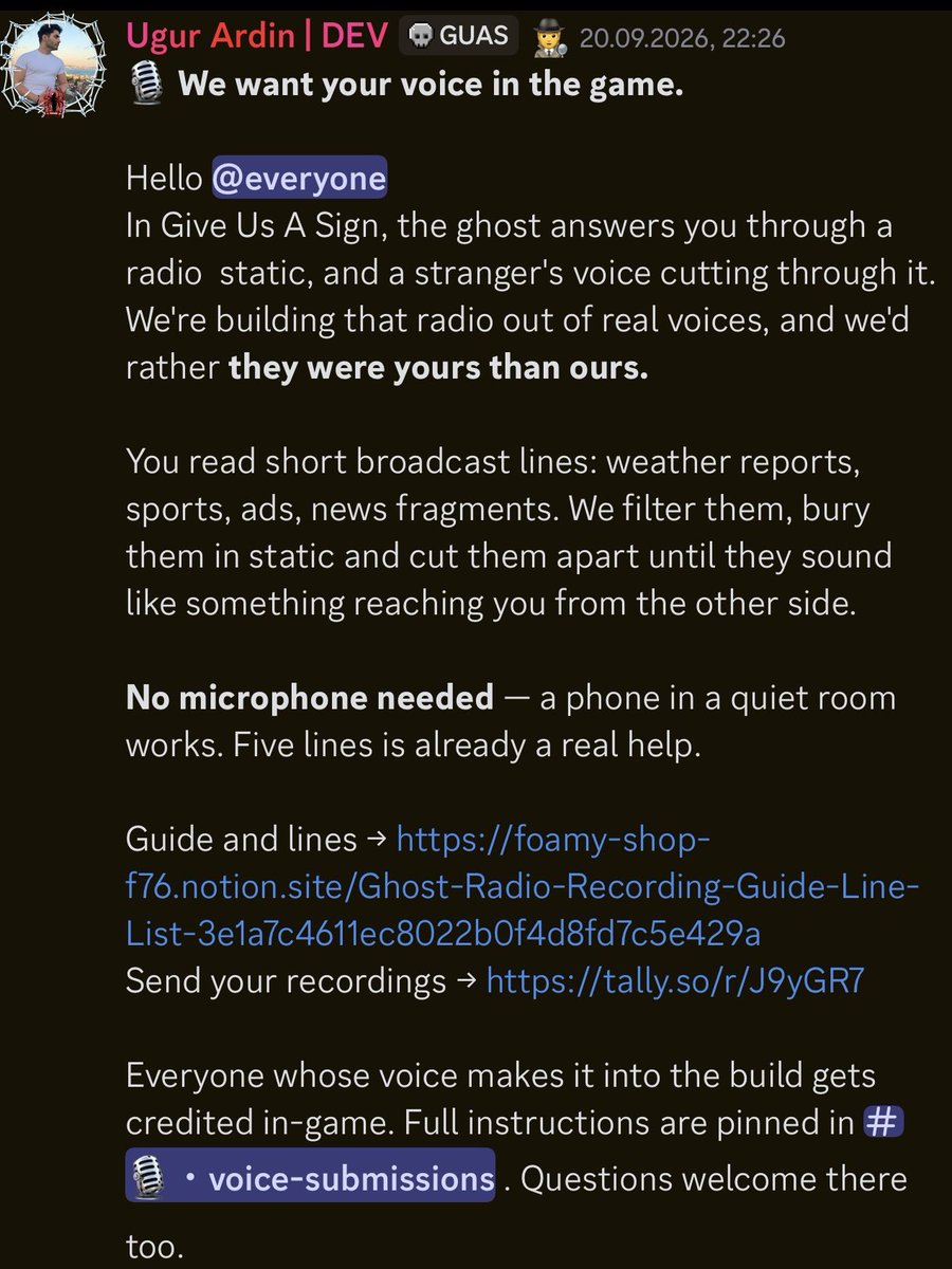 GiveUsASignGame's tweet photo. Hello Ghost Hunters! 👻

🎙️ We want your voice in the game.

Your voice could become part of the ghost radio in Give Us A Sign. No microphone needed your phone is enough.

Join our Discord via the link in our bio and visit voice-submissions for all the details.

https://t.co/PgRVvNzEK9

🎮 Wishlist Give Us A Sign on Steam.

#indiegame #horrorgame #ghosthunting