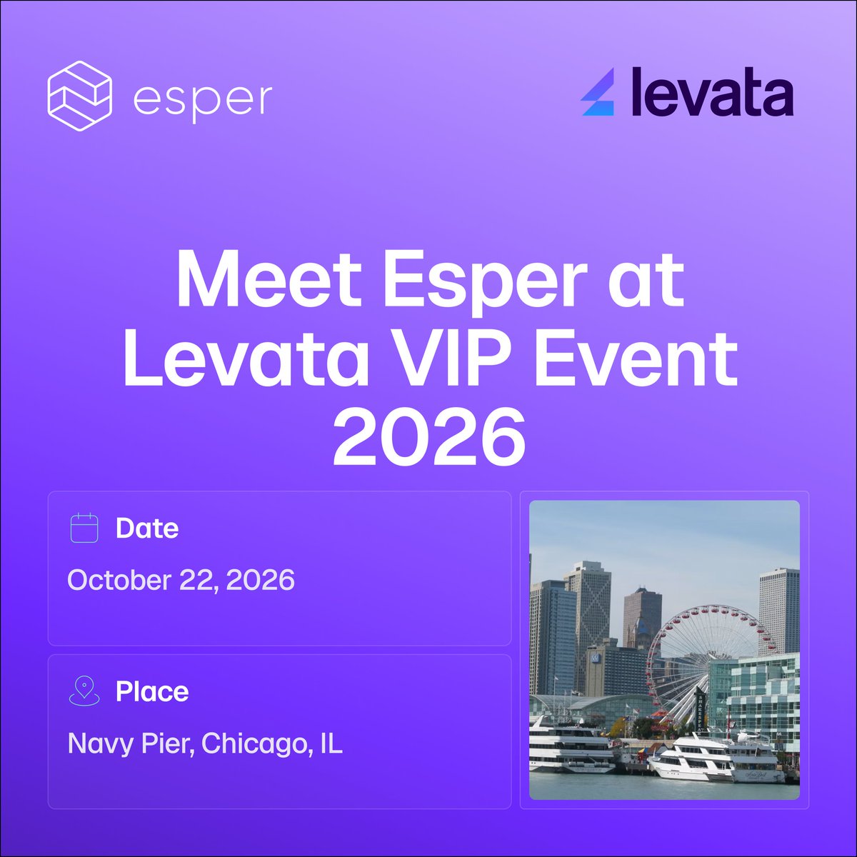 Esperdev's tweet photo. Chicago, we're coming back on October 22nd — this time for the Levata VIP Event 2026 at Navy Pier. 🎡

From Windows-to-Android migrations to mission-critical POS deployments — find Lucas King and Daniil Krets and let's talk about how we partner with Levata.

#LevataVIP #Esper https://t.co/ScXilSblkB