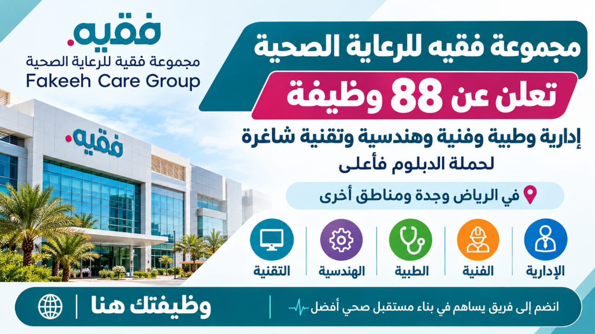 MTHARJOBS's tweet photo. 🚨 وظائف صحية وإدارية | "مجموعة #فقيه_للرعاية_الصحية " تعلن عن 88 فرصة وظيفية (#للجنسين ) في عدة مدن بالمملكة 

⭐️ المجالات: طبية، تمريض، إدارية، وتقنية
🎓 المؤهل المطلوب: دبلوم • بكالوريوس فأعلى
​
◀️ للتقديم: https://t.co/1VvcNryoaD
#وظائف #وظائف_السعودية #وظائف_شاغرة https://t.co/mQiU42odad