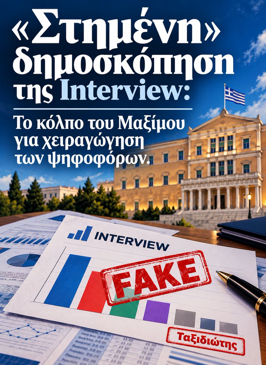 taxidiotis24's tweet photo. Η μαγειρεμένη δημοσκόπηση της Interview πρέπει να είναι η αφορμή για να ανοίξει ο ασκός του Αιόλου. Ώρα για έλεγχο σε ΟΛΕΣ τις δημοσκοπικές εταιρείες.

Η επίσημη καταγγελία στο ΕΣΡ σοκάρει: η Interview παρέδωσε έτοιμα αποτελέσματα ένα 24ωρο ΠΡΙΝ ολοκληρωθεί η συλλογή των ερωτηματολογίων.

 Όταν ο ιδιοκτήτης της είναι στενός συνεργάτης του κουμπάρου του Άδωνι Γεωργιάδη, και η εταιρεία ΔΕΝ είναι καν μέλος του επίσημου ΣΕΔΕΑ, καταλαβαίνουμε όλοι το μέγεθος της κοροϊδίας.

Αλλά το πρόβλημα δεν είναι μόνο η Interview. 
Αυτή η απάτη πρέπει να γίνει η αφορμή για να ερευνηθούν ΤΩΡΑ όλες οι δημοσκοπικές εταιρείες της χώρας.

 🔴 Τέλος στο μαγείρεμα.
 Να ελεγχθούν εξονυχιστικά τα ασυμμάζευτα δείγματα, οι κρυφές χρηματοδοτήσεις και τα κατά παραγγελία ευρήματα που σερβίρονται καθημερινά.

🔴 Στοπ στη χειραγώγηση.Το Μαξίμου έχει μετατρέψει τις δημοσκοπήσεις σε εργαλείο προπαγάνδας για να κατευθύνει την ψήφο των πολιτών.

🔴 Διαφάνεια παντού. Όποιος παρανομεί και παραπλανά εσκεμμένα τους εκλογείς, να αντιμετωπίζει τις ποινικές συνέπειες του νόμου (Άρθρο 162 Π.Κ.).
Φτάνει πια με τη βιομηχανία κατασκευής κοινής γνώμης. Καμία συγκάλυψη, έλεγχος σε όλους.
#δημοσκοπησεις #Interview #ΕΣΡ #διαφανεια #πολιτικη